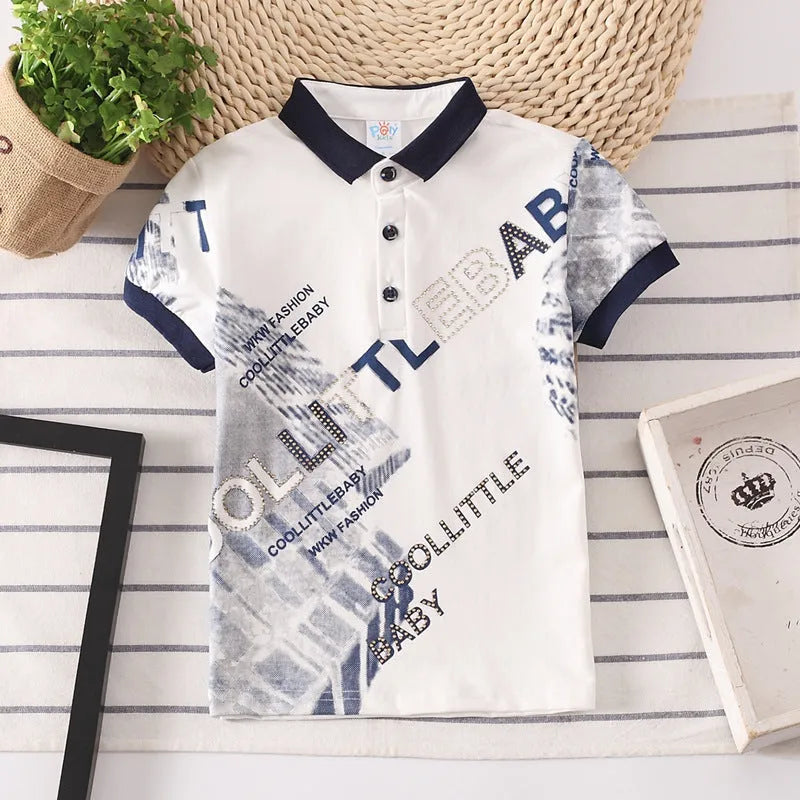 Children's short sleeve cotton shirt with lapel collar in solid colours