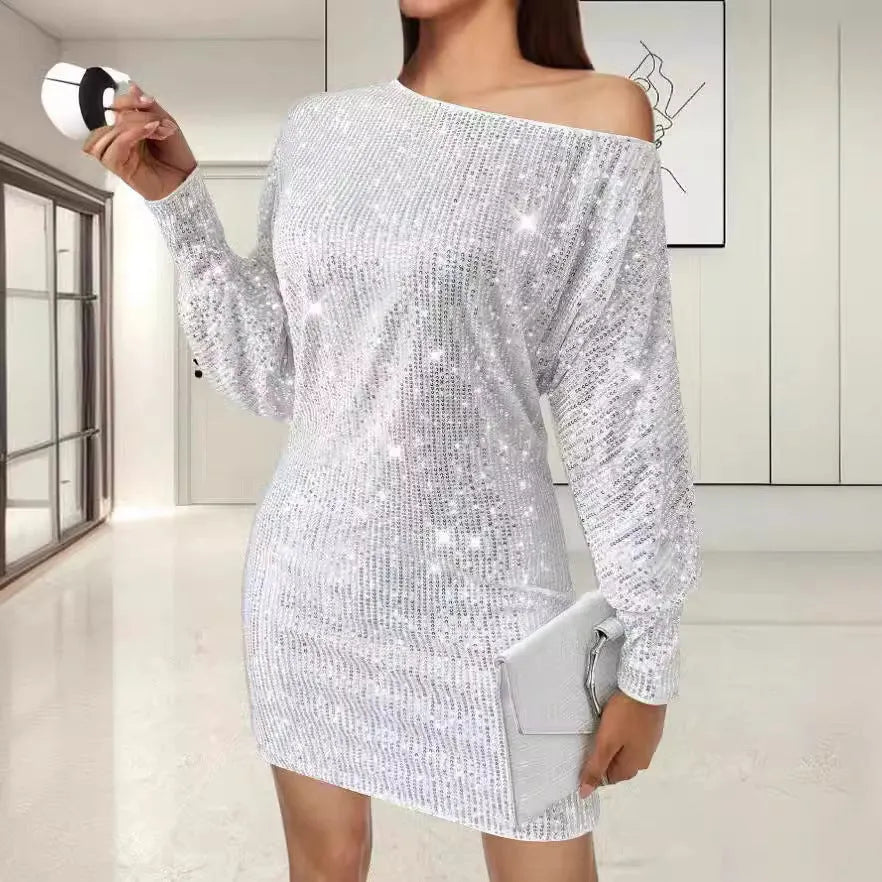 Sequin long sleeve midi dress with one shoulder and asymmetric hem in solid colour