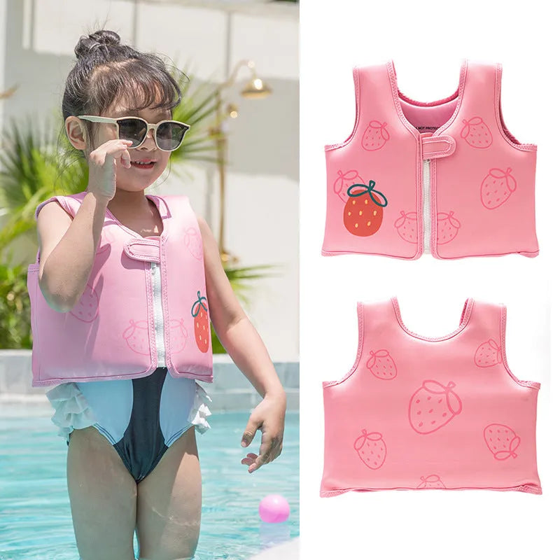 Children's foam swim vest in buoyancy vest pink strawberry colour, flower print pattern, nylon construction for swimming auxiliary