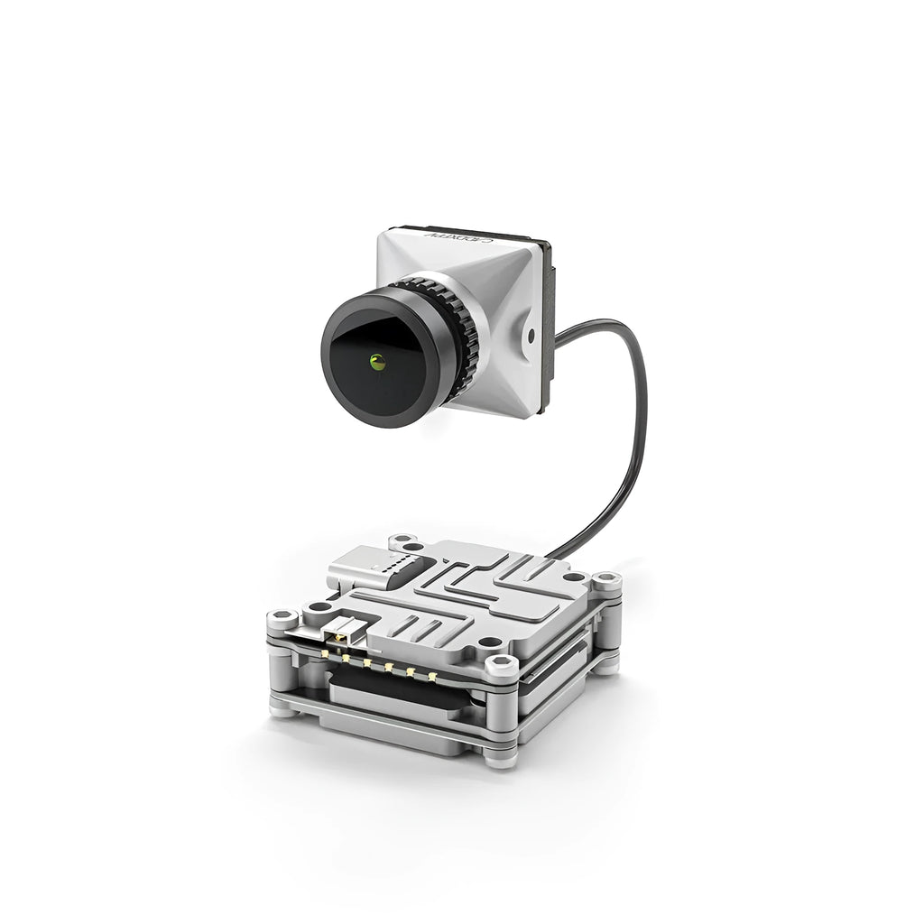 Silver DJI FPV digital transmission unit with Caddx adapter compatibility and mounting hardware