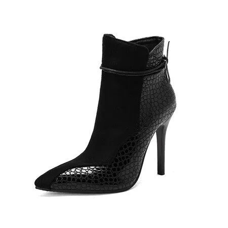 Women's pointed toe knight boots with 11cm stiletto heel, low tube ankle, and side zipper in black, brown, and white