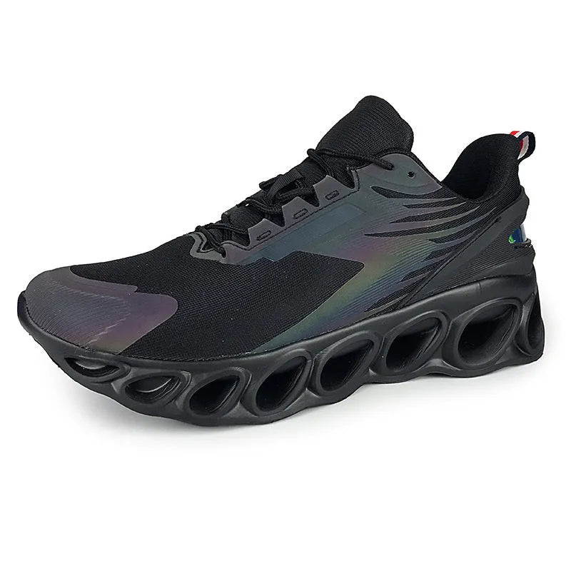 Men's low-top casual sports shoes in mesh with lace-up front and EVA sole, shown in black colour.
