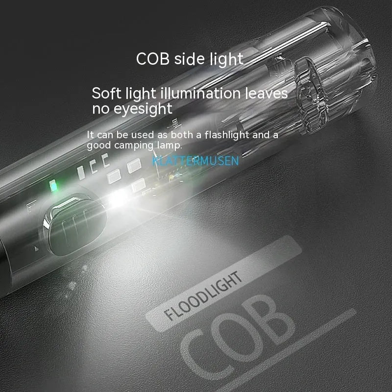 Black plastic USB rechargeable portable flashlight with charging cable.