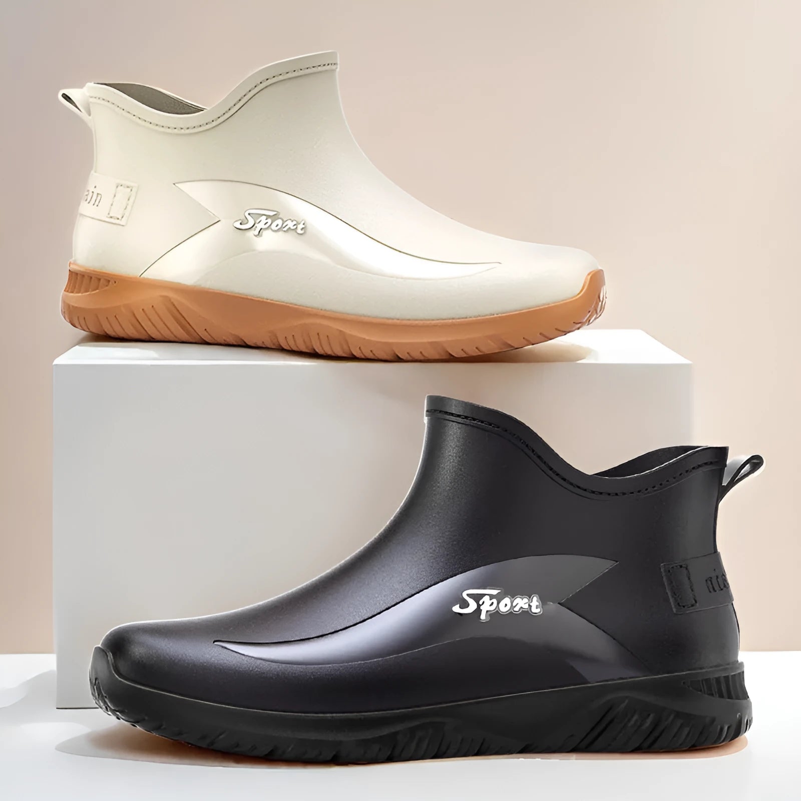 Men's non-slip flat heel PVC rubber short boots in solid colours with casual style
