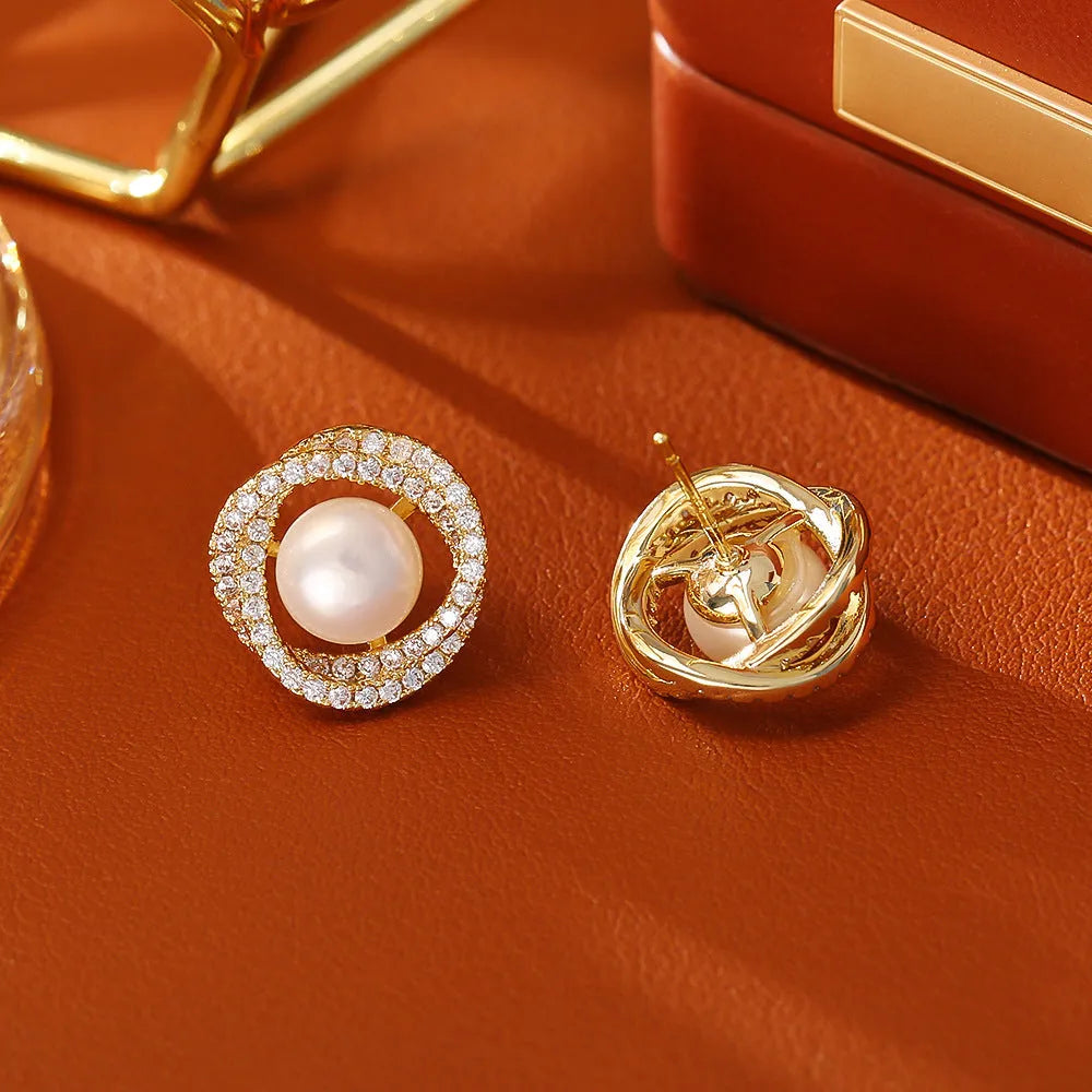 Natural pearl stud earrings with real gold plating over environmentally friendly copper, geometric round shape for women