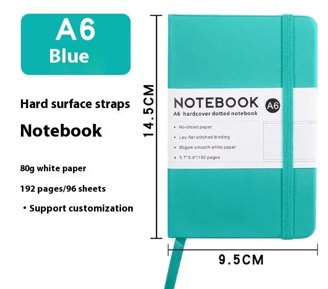 A5 office diary with hand skin feeling PU leather cover and strap closure, open to show horizontal line pages.