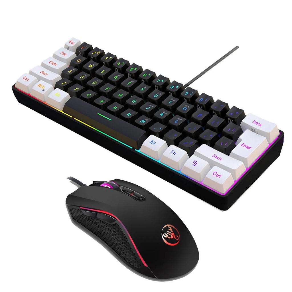 White and black wired gaming keyboard and mouse combo set with colour backlight on a desk