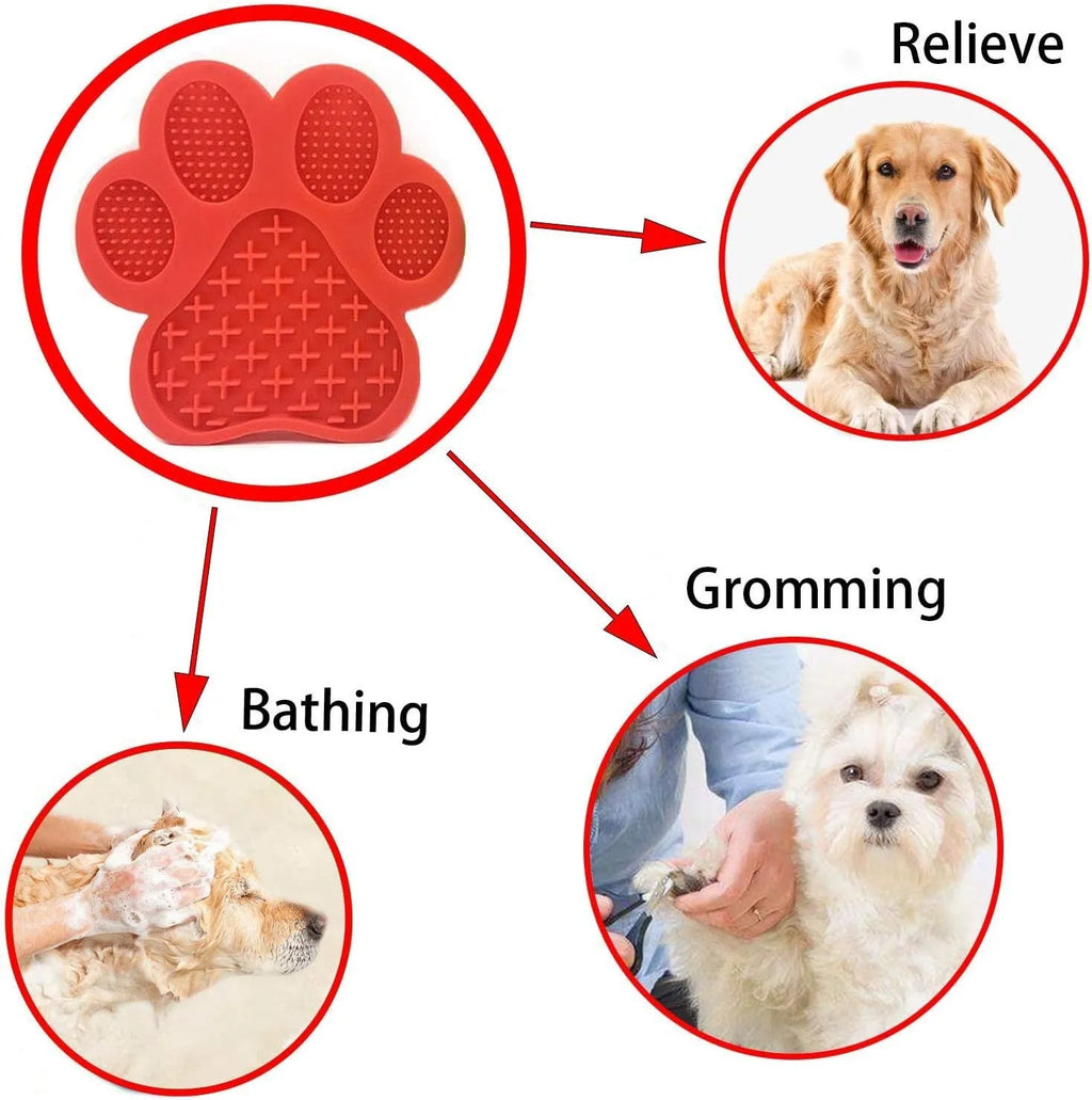 Blue bone-shaped silicone dog licking mat with suction cups on a white tile wall.