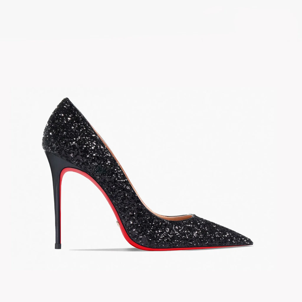 Women's black and silver sequin super pointed high heel shoes with 12cm slim stiletto heel