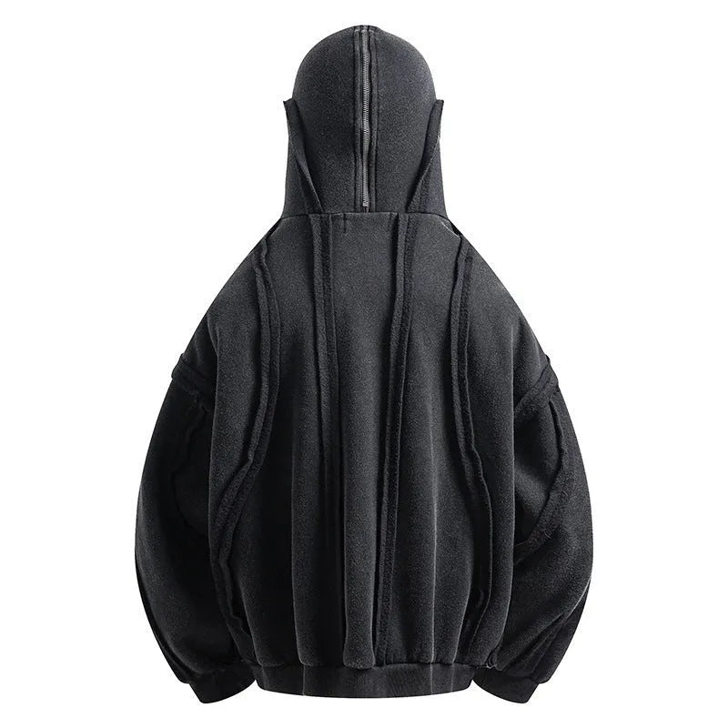 Black men's retro-style loose hooded cardigan coat with zip front and padding