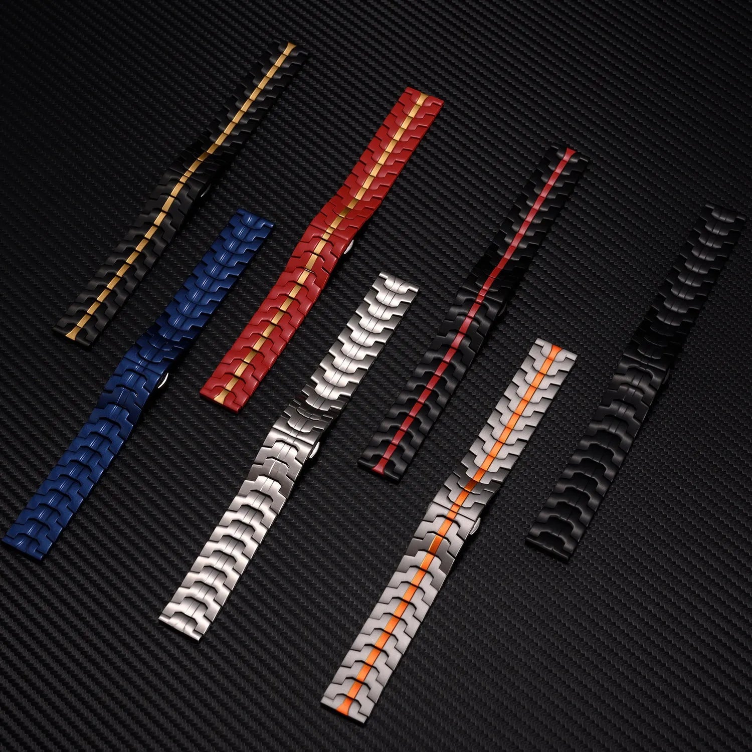 Stainless steel watch band showing silver and black colour options with universal 20mm 22mm sizing