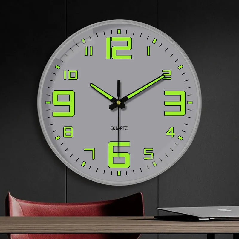 8 inch luminous modern wall clock showing glowing hands and numbers on a plastic shell.