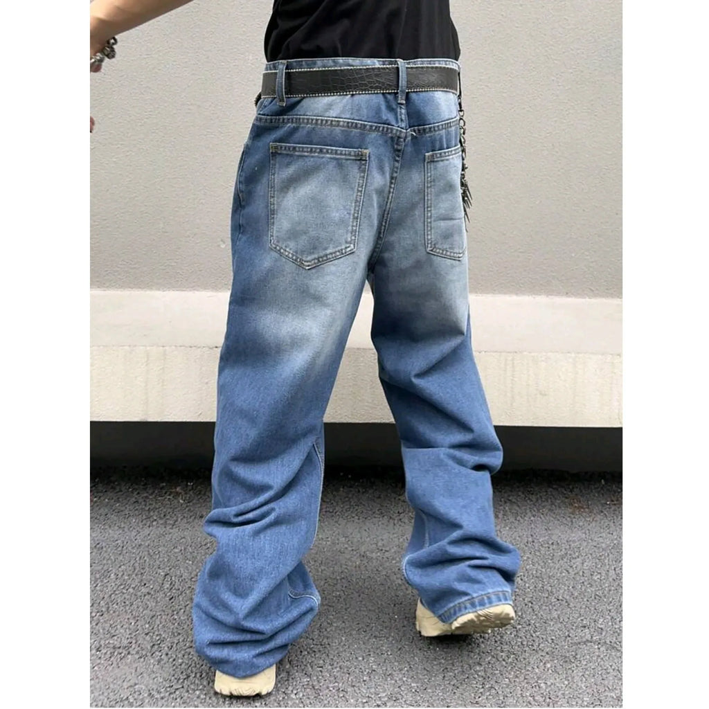 Men's sky blue cotton denim straight loose fit jeans with zip placket, casual style