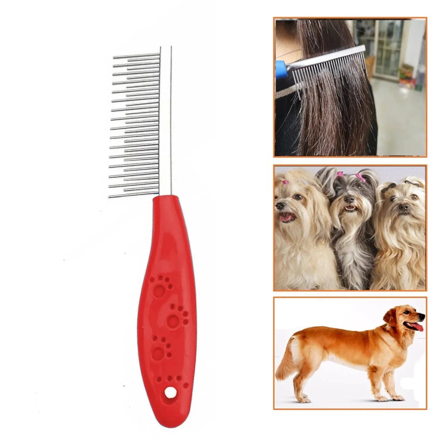 Red pet grooming comb with long and short stainless steel teeth and a plastic handle