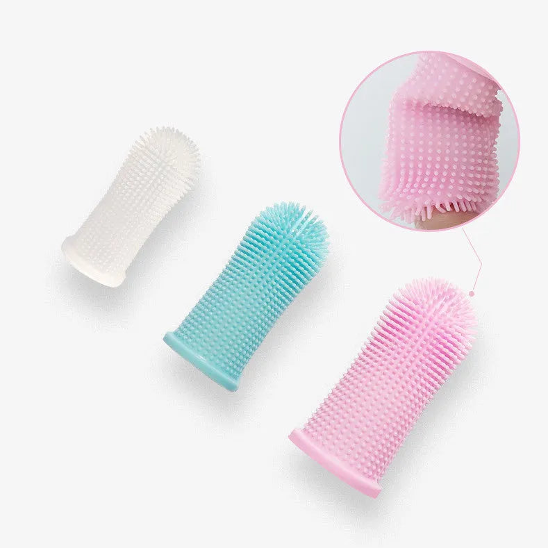 Soft silicone pet finger toothbrush in blue with protective case on white background