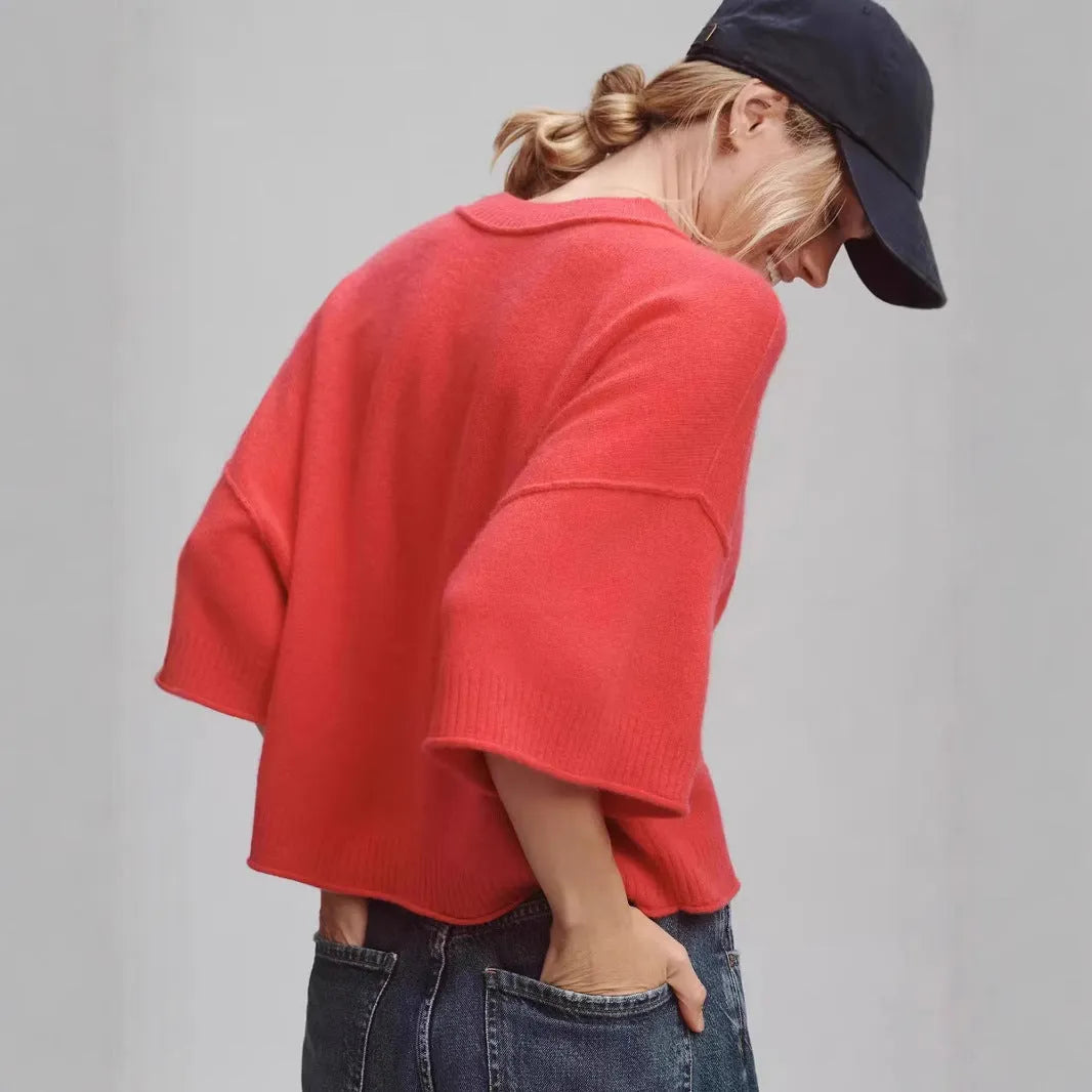 Red short sleeve viscose T-shirt with a cropped hem on a mannequin.