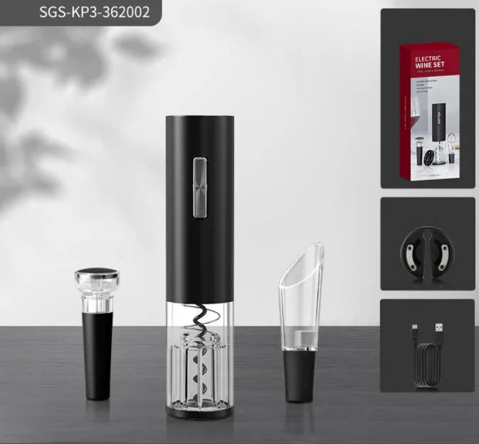 New Base five-in-one electric bottle opener set with black ABS decanter, vacuum stopper, foil knife, and storage base