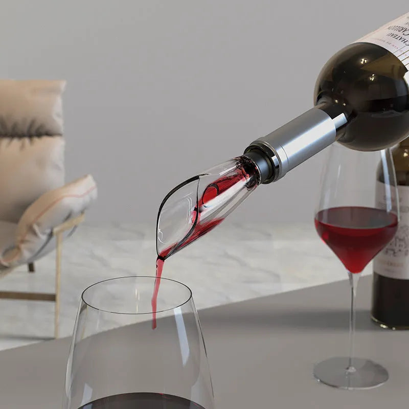Red electric wine bottle opener set with ABS plastic base, decanter, and vacuum stopper