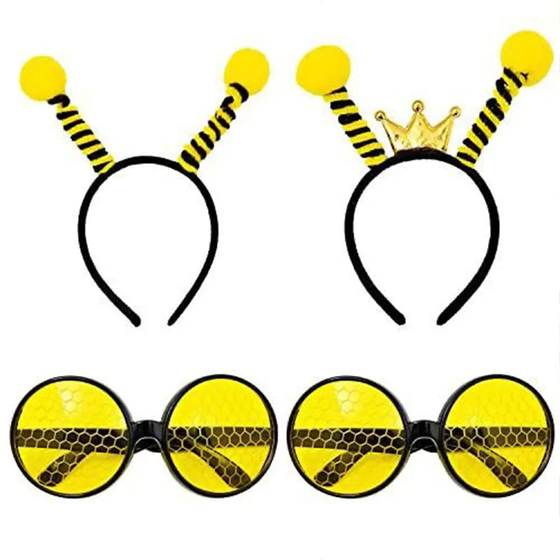 Yellow children's fancy dress set with bee motif headband and matching insect glasses.