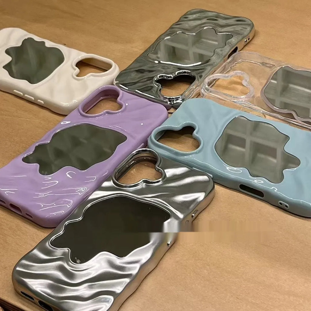 Simple solid colour iPhone case with water ripple texture and a small mirror, shown in beige.