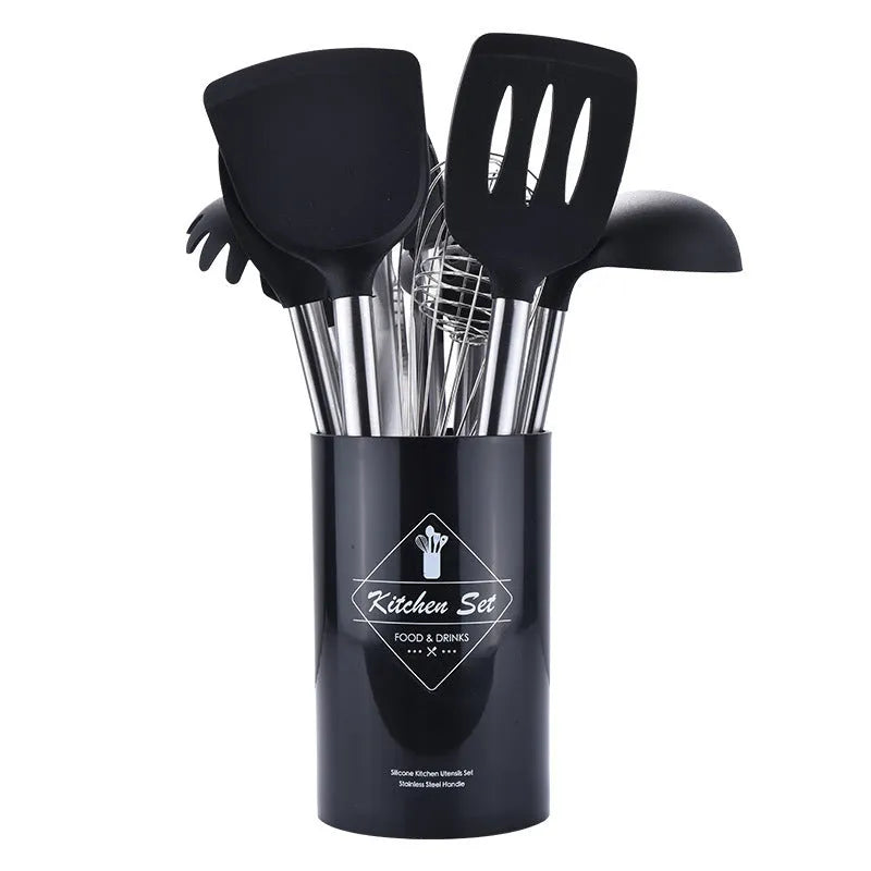 Silicone kitchenware set with stainless steel tube handle, eight utensils in red or black for cooking and baking
