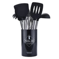 Silicone kitchenware set with stainless steel tube handle, eight utensils in red or black for cooking and baking