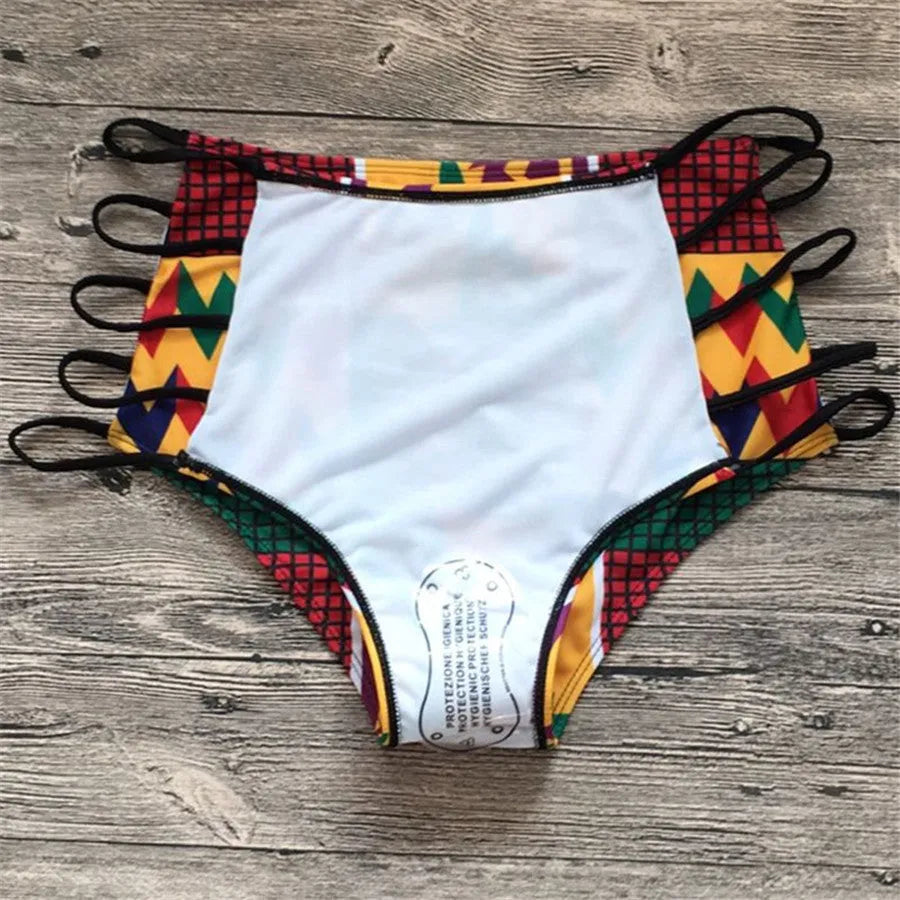 Women's high waist bikini set with digital printing pattern, showing front and back views