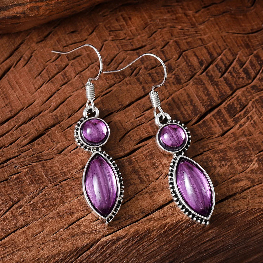 Geometric zinc alloy drop earrings with electroplated black and purple finish, retro bohemian style.