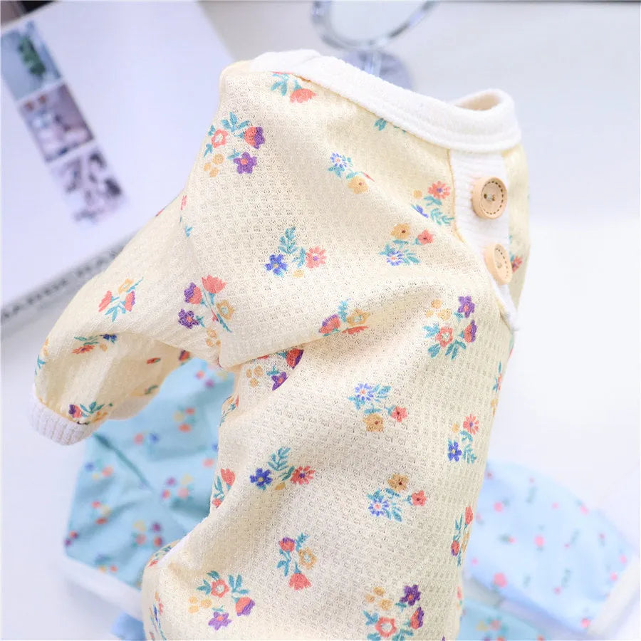 Dog summer pyjamas four-legged homewear in yellow, green, and sky blue, sizes S to XXL