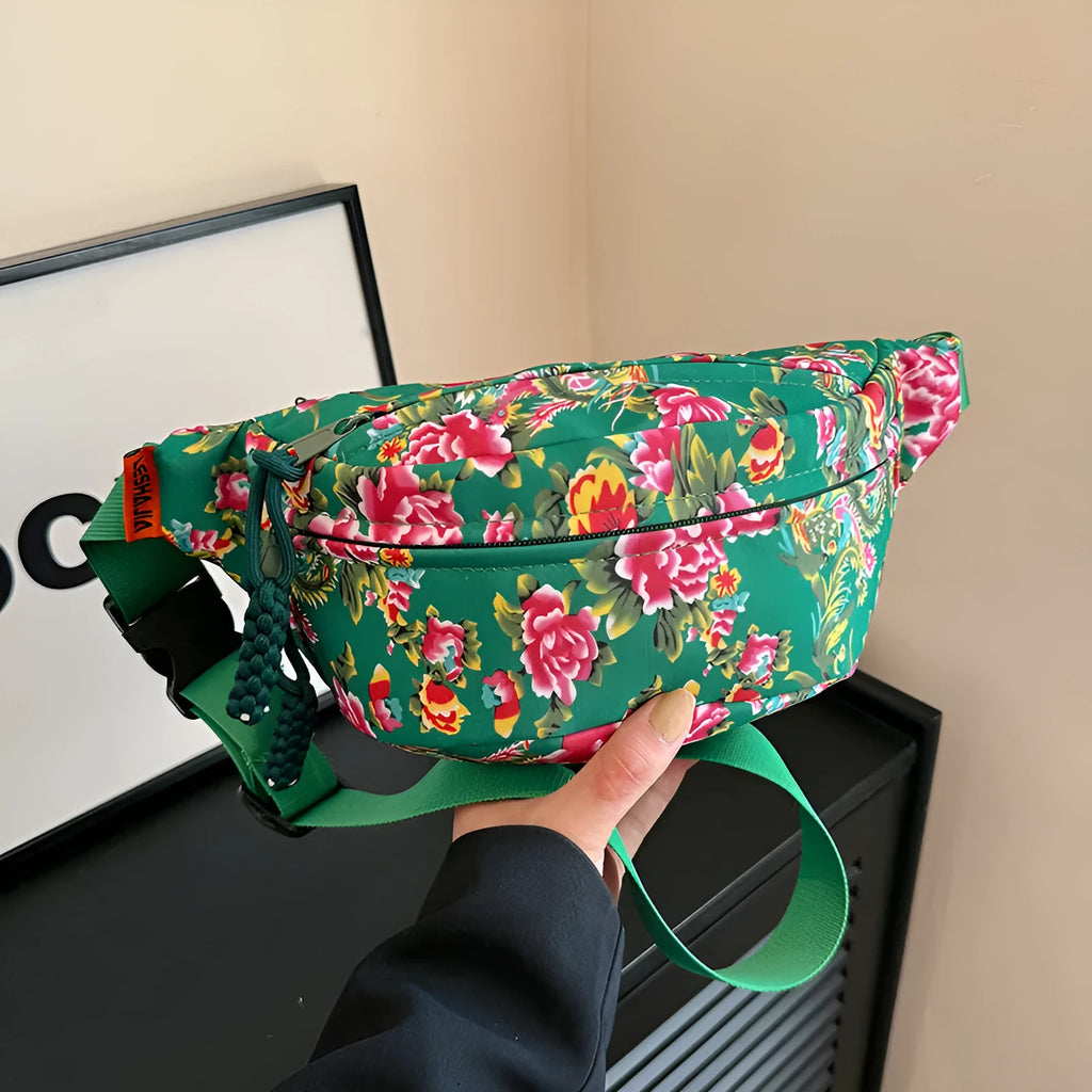 Women's western style waist bag with big flower design and contrast stitching in nylon material