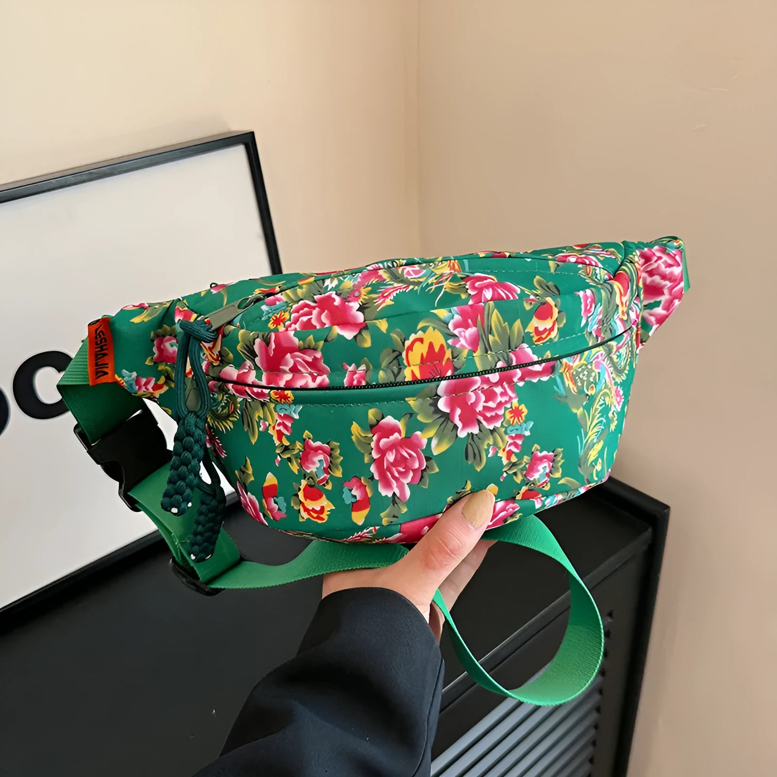 Women's western style waist bag with big flower design and contrast stitching in nylon material