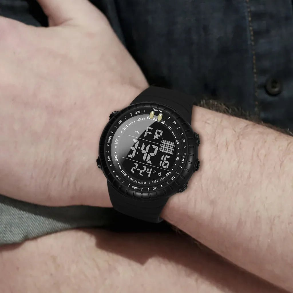 Black men's digital outdoor watch with large dial and PU strap on a wrist