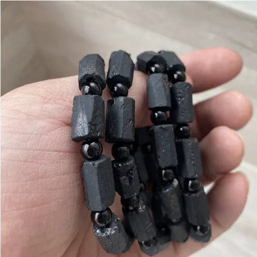 Natural black tourmaline rough stone unisex bracelet on adjustable cord
