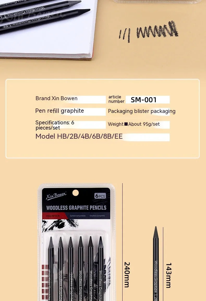 Wood-free graphite sketching pencils set showing six different hardness grades for art drawing