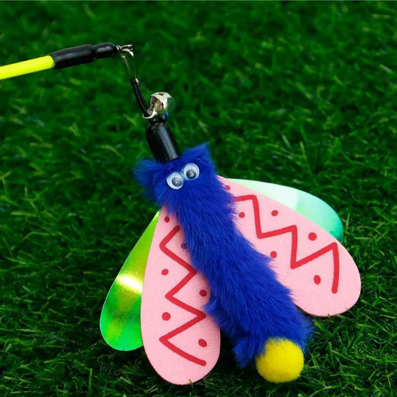 Blue cat wand toy with dragonfly attachment and bell on 49cm stick