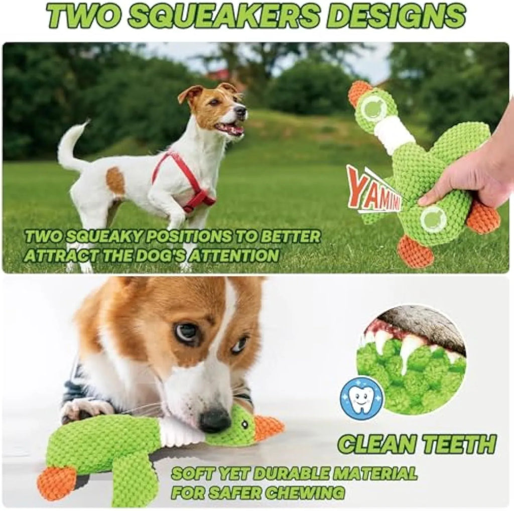 Blue, green, or grey plush duck dog toy with two squeakers for large dogs.