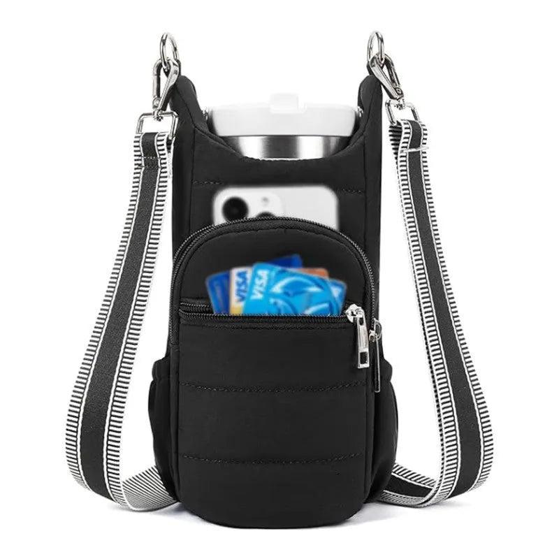 Cloth bicycle water bottle bag in black, pink or beige colour mounted on bike frame