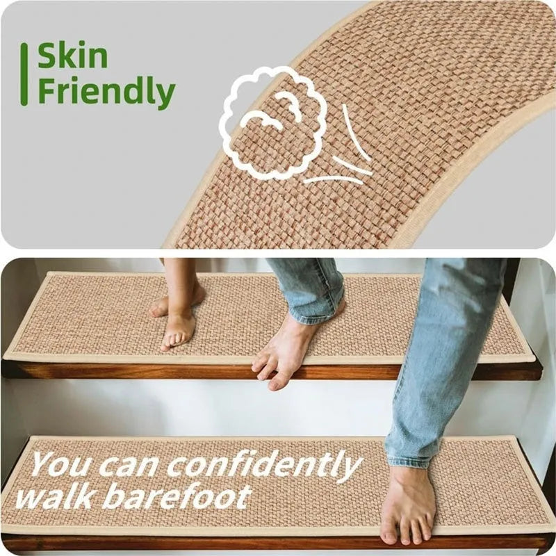 Japanese-style linen-look polyester stair mat in camel colour on a wooden step