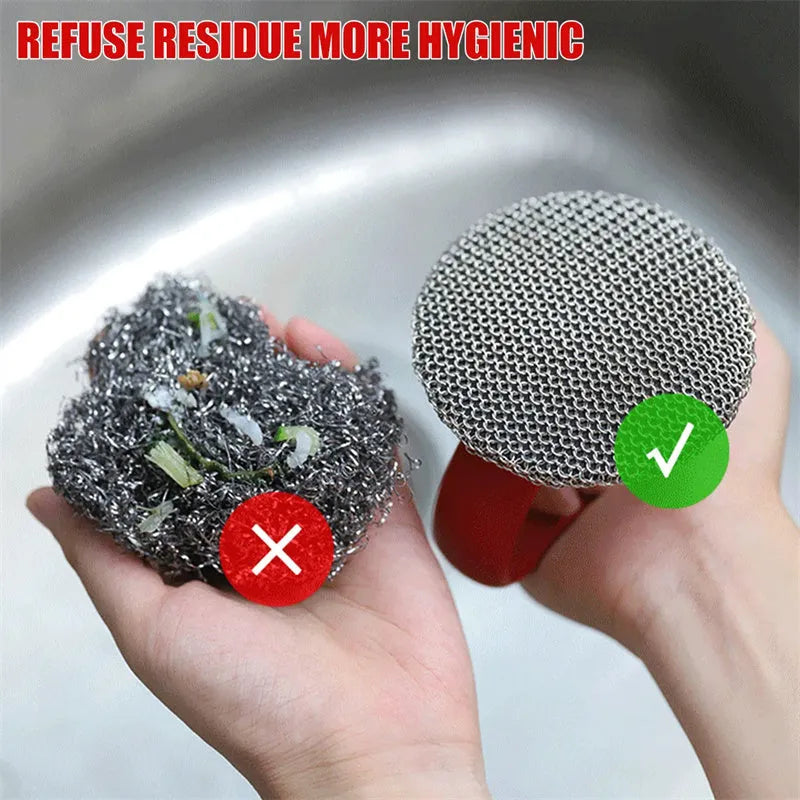 Round 316 stainless steel chainmail scrubber with red silicone handle on cast iron skillet