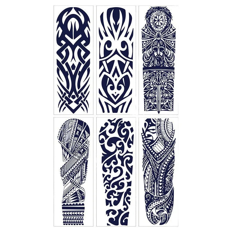 Full arm temporary tattoo sticker with 20 pattern options in black ink on paper backing