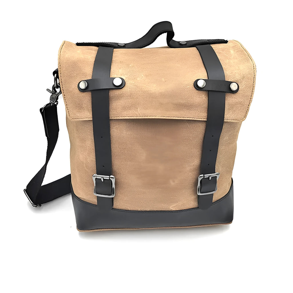 Black canvas motorcycle side bag with cowhide top showing 300x280x150mm dimensions