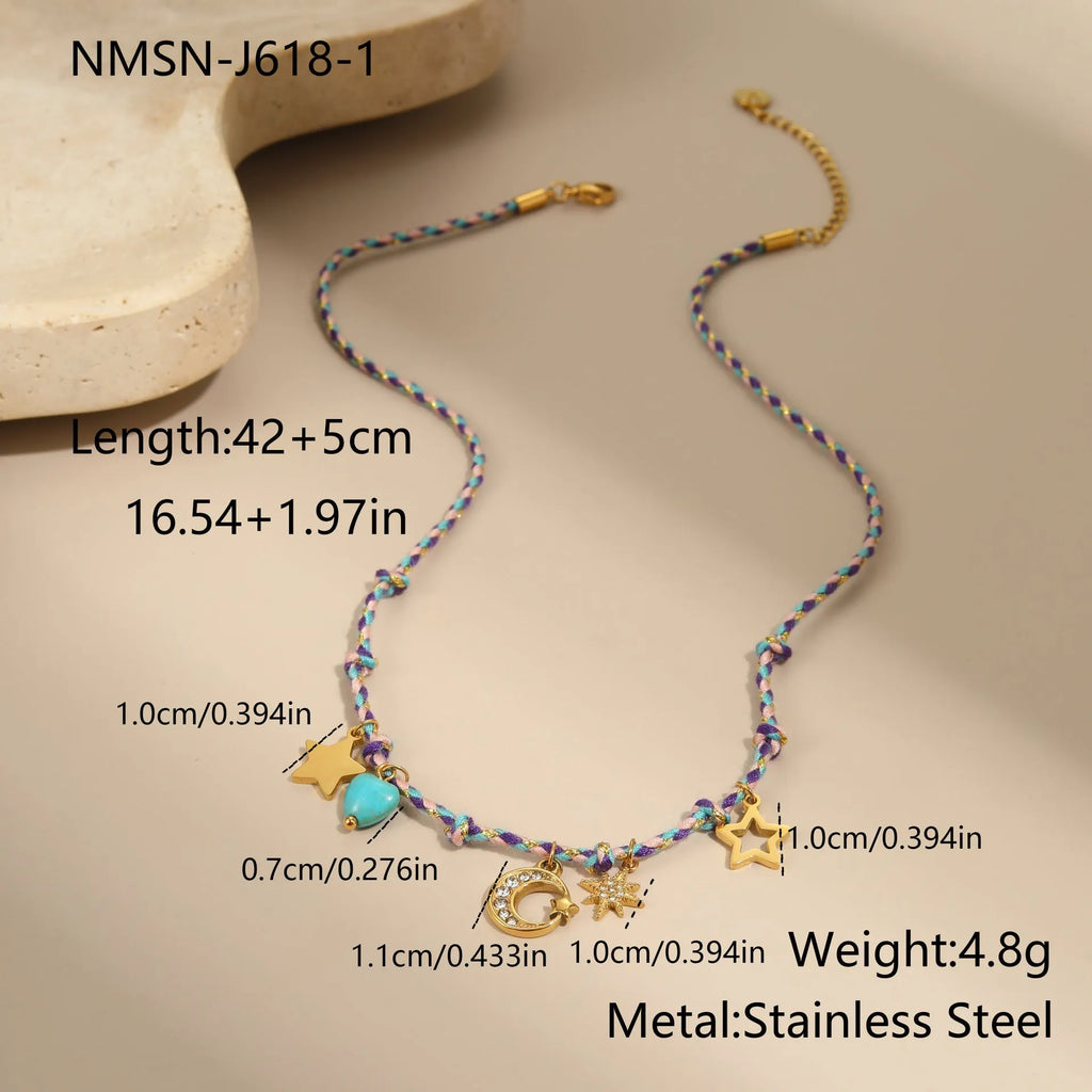 Handmade stainless steel necklace with coloured braided rope detail and geometric pendant