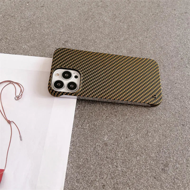 Frameless carbon fiber pattern hard shell phone case with kickstand in silver for iPhone 15 Pro