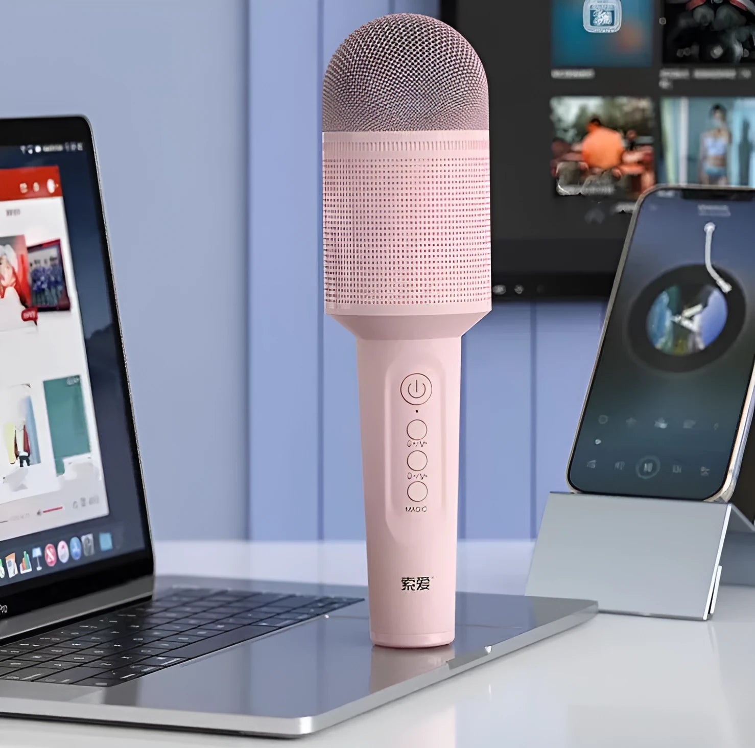 Wireless Bluetooth karaoke microphone in pink, blue, or green with integrated speaker.