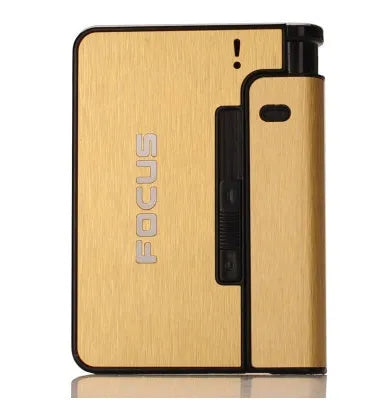 Two aluminium alloy automatic cigarette cases with brushed metal finish, one-button discharge, and removable lighter core on a dark background