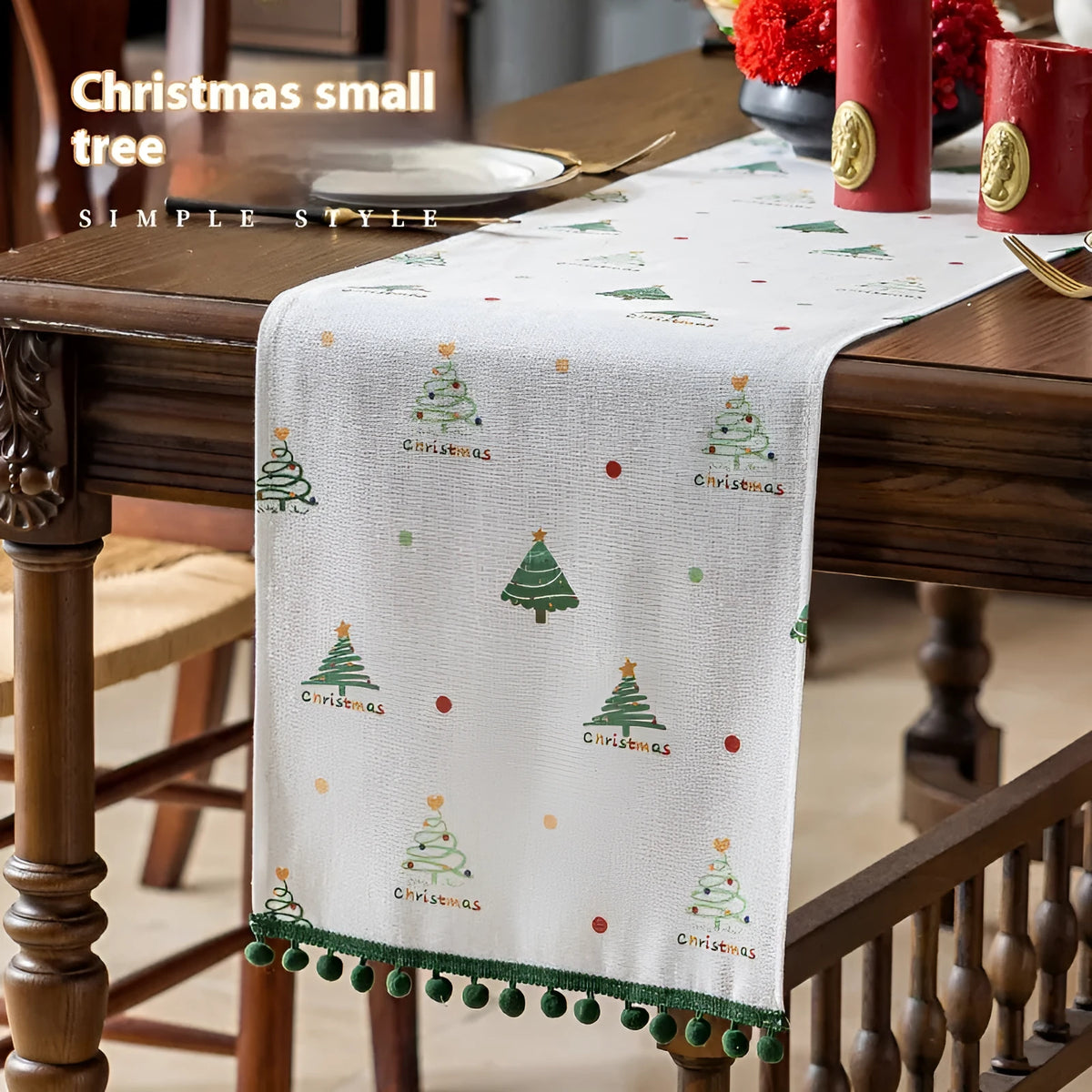 Green Christmas table runner with tree pattern on a dining table, 35cm wide polyester imitation linen