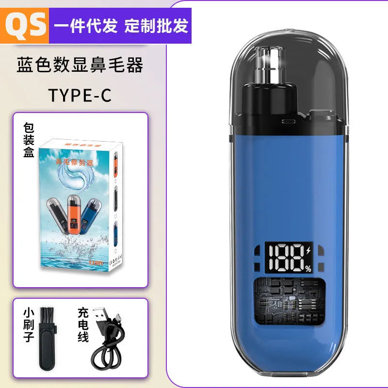 Rechargeable nose hair trimmer with digital display, shown in black, blue, and orange colour options.