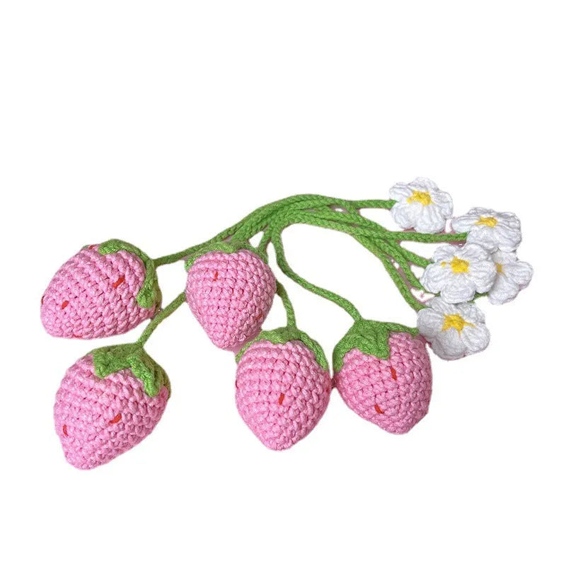 Handmade wool crochet strawberry pendant charm on 35cm cord in red or pink colour