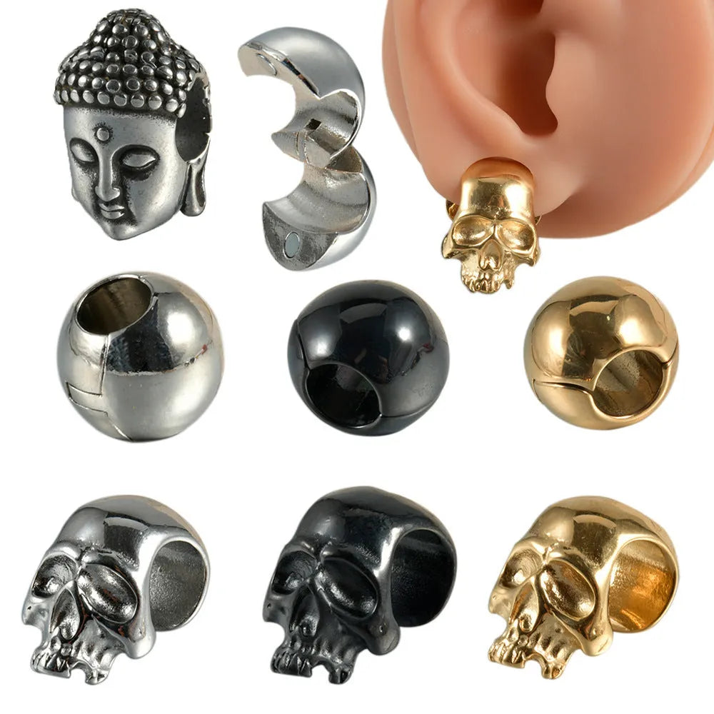 Stainless steel hollow skull Buddha earrings with electroplated colour options
