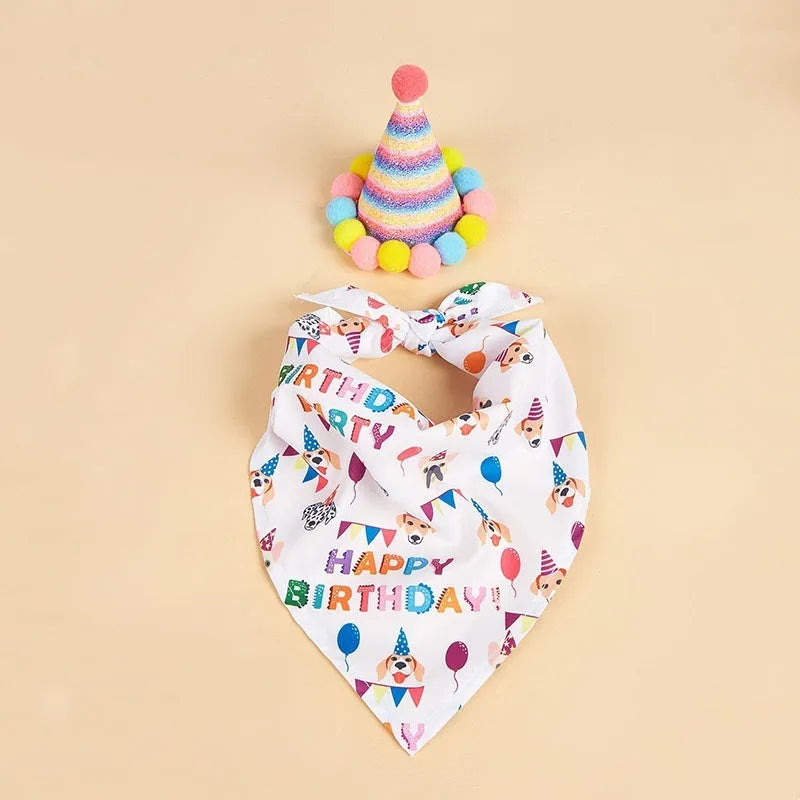 Cartoon printed dog birthday hat and drool towel set in polyester